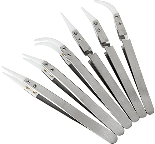 6 Pcs Precision Ceramic Reverse Solder Tweezers, Non-Conductive, Anti-Magnetic Pointed & Curved Tips Tweezers Set, Cross Lock Fiber Grip Soldering Tool, Heat-resistant Electronics Tweezers