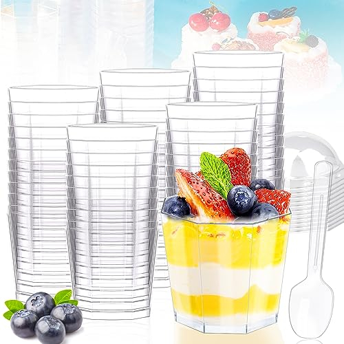 Verrines avec Couvercle, 50 Pièces Tasses à Dessert avec Cuillères, 160 ml, DIY Coupelle Plastique pour Mousse, Crème au Chocolat, Pudding
