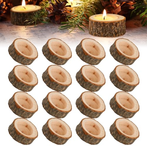 ZEFAN 16 Stück Teelichthalter Holz, Kerzenhalter Holz Rund, Natur Holz Teelichthalter Set, Holz Kerzenhalter Tischdeko Deko für Hochzeiten, Heimdekoration, Geburtstage, Weihnachtsfeiern