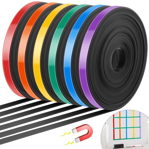 Saypacck 6 rullar magnetisk tejprulle färgade tunna remsor, 1 cm x 10 m magnetisk whiteboard grafisk dekorativ tejp markeringslinje magnettejp regnbågsfärger magnettejp för klassrum kontor konst