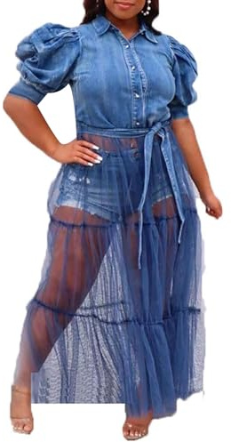 Sexyshine Women's Button Down Denim Dress Sheer Mesh Blouse Shirt Tunics