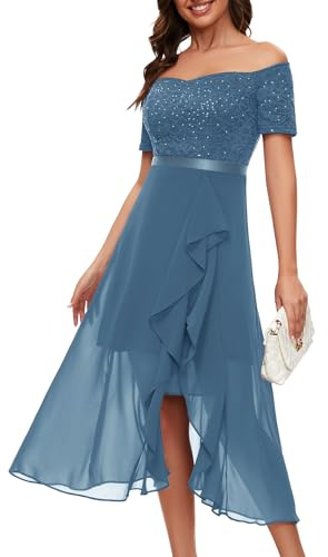 Berylove aftonklänning dam, lång glitter, cocktailklänning elegant för bröllop, off shoulder-klänning, balklänning, Gråblå, 3XL
