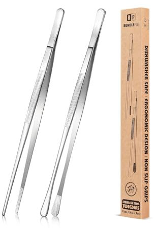2 pinzas de cocina de 25,5 cm pinzas finas, pinzas de cocina largas profesionales de acero inoxidable para barbacoa, mariscos, reparación y servicio (plata)