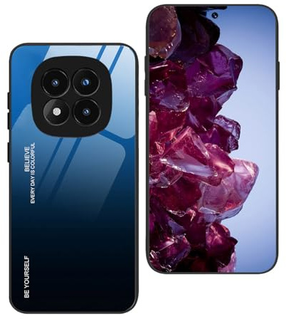 YUECXIN Hülle für Xiaomi Redmi Note 14 Pro+ Plus 5G Handyhülle, Ultradünne Farbverlauf Farbe Gehärtetem Glas Zurück Case + Weiche TPU Bumper Stoßfest Silikon Schutzhülle, Blau Schwarz