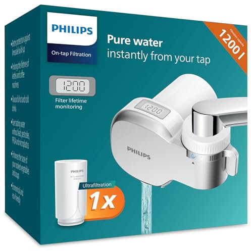 Philips Water Filtro de Grifo AWP3756P1/10, ULTRAFILTRACIÓN con PANTALLA DIGITAL, capacidad de filtración de 1200 L, reduce CLORO, PLOMO, MICROPLÁSTICOS y BACTERIAS