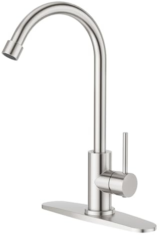 CREA Cold Water Only Brushed Faucet for Kitchen Bar Outdoor Sink 1 Hole 3Holes(with Deck Plate)，High Arc 360°Swivle Single Handle Cold Water Tap Brushed 304 Stainless Steel
