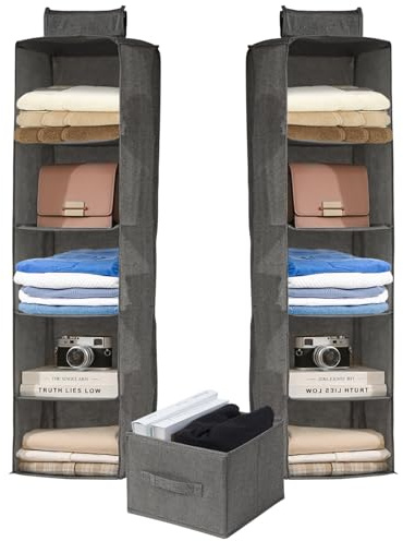 FALSKT 2PCS Hanging Storage with 5 Shelves and Removable Drawer Fabric Hanging Shelves Foldable Hanging Wardrobe Organiser Wardrobe Storage Organiser for Closet Storage Clothes, 11x11x40inch(Grey)