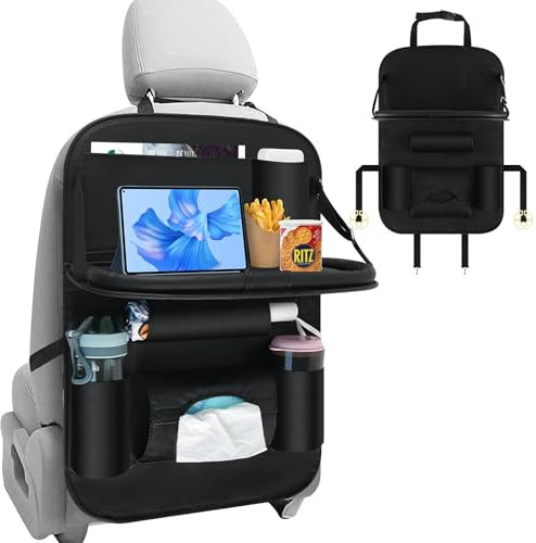 CHWNIBAY Organiseur de siège de voiture, protection de dossier de voiture pour enfants, étanche, avec table pliante, poche pour tablette et nombreuses poches, matériau PU, noir
