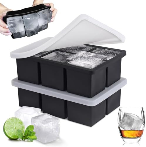 2 PCS Large Ice Cube Moulds, with Removable Lid Ice Cube Tray, Reusable Silicone Square Ice Cube Tray with Lid, Stackable Square Ice Tray for Cocktails Whiskey Juice Coffee 【6 Compartments】