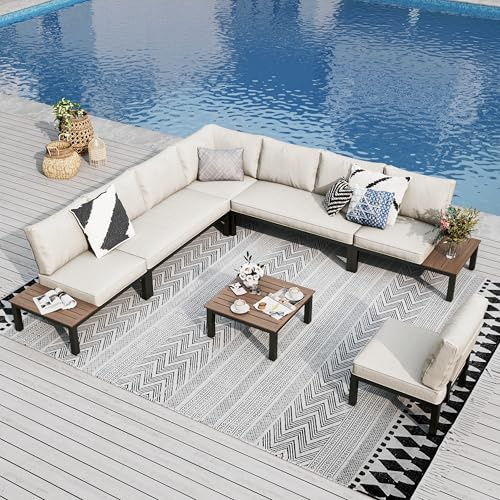 PHI VILLA Garden Furniture Metal Corner Sofa 8 Seaters, L shaped Outdoor Conversation Sofa Couch Set, 7 Pieces Patio Sectional Furniture Sets with Thickened Cushions, Beige