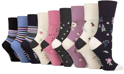 SOCK SHOP MJUKT GRIP - Dam bambu icke-elastisk bomull mönstrade strumpor - 9-pack | lösa toppstrumpor för cirkulationsstöd, Stil 4, 37-42 EU