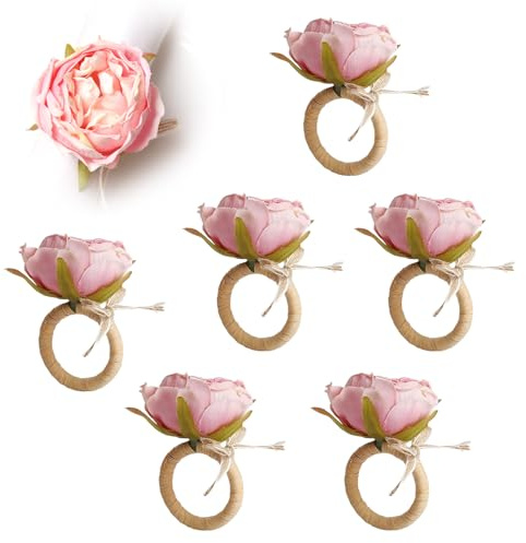 JVHLOV Juego de 6 Anillos de Servilleta Peonía Rosa – Tela + Anillo de Rafia Artesanal – Decoración de Mesa Romántica para Boda, Fiesta & Cena Elegante