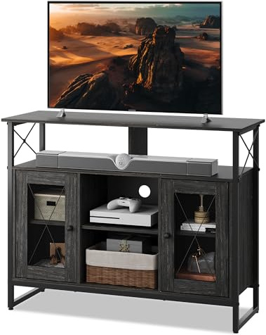 WLIVE TV Stand, TV Unit for 43 Inch TVs, Rustic Brown Tall TV Unit Cabinet 96 x 32 x 77 CM, TV Stand with 2 Doors, Buffet Table, Sideboard, for Living Room, Wooden Industrial TV Console, Black