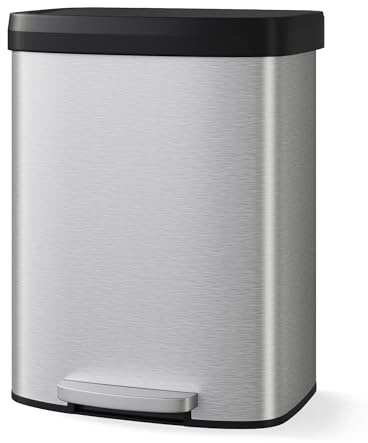 Garvee 16 gal / 60 L Stainless Steel Trash Can with Lid, Large Garbage Can for Kitchen, Rustproof Step-on Kitchen Metal Trash Bin with Liner Rim, Rear Handle, Soft Close Plastic Lid, Silver