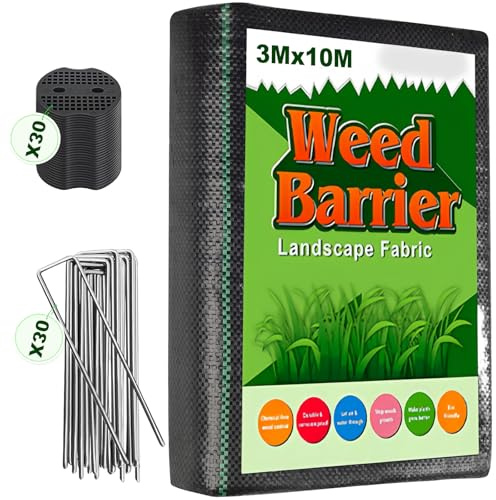 Tel Charme * Membrana de control de malezas de 3 m x 10 m con 30 clavijas de jardín, resistente a los rayos UV, barrera de control de malezas, cubierta de suelo para césped artificial, patio, caminos