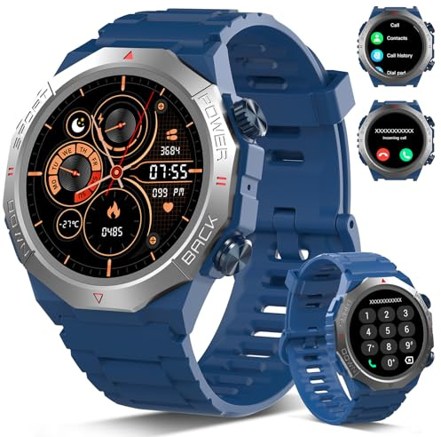 Militaire Montre Connectée Homme Femme avec Appel Bluetooth, 1.39 HD Smartwatch Motre Sport avec 110+ Modes Sportifs, Podometre Cardiofrequencemetre Sommeil, Etanche IP68 pour Android/iOS, Bleu