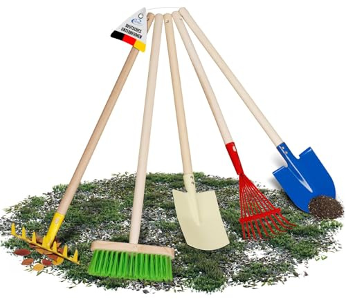 Coemo Kinder-Gartenset, Gartengeräte, Set 5-teilig Kinder Schaufel, Besen, Harke, Rechen, Spaten, Laubbesen, für Mädchen und Jungen ab 3 Jahren, für Garten, Sandkasten und Strand