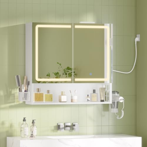 FORABAMB Meuble de Salle de Bain avec Éclairage LED & Multiprise, Armoire de Toilett ave Étagère Réglable, 3 Températures Lumière, Commande Tactile, Armoire Murale Salle de Bain, 70x16x70 cm, Blanc