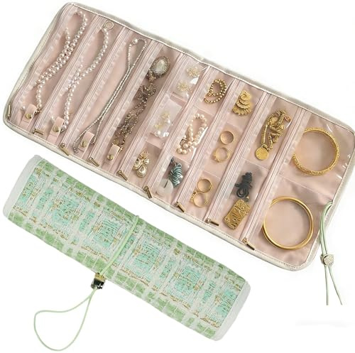 Jewellery Organiser Roll, Travel Foldable Jewelry Case, Women Jewelry Storage Bag Large Capacity Jewellery Pouch for Multiple Necklaces, Rings, Bracelets, Portable Gift for Girls Women (Green)