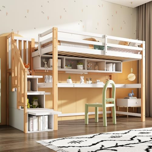 Cayipng Cama Castillo 90x200 cm, Cama Alta 90x200 cm, Cama para niños, con Gran Escritorio y estanterías, Estructura de Pino y MDF