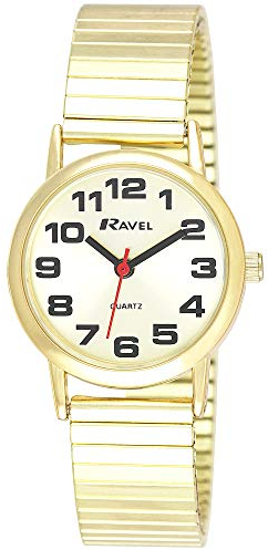 Ravel Unisex Easy Read Watch with Big Numbers on Stainless Steel Expander Bracelet - Gold Tone/Champagne Dial