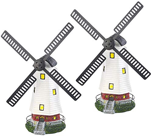 Lunartec Garten Windmühle: 2er-Set Solar-Deko-Windmühlen mit drehendem Windrad & LED-Licht (Windmühle Garten wetterfest, Deko Windmühlen für den, Holzwindmühle)