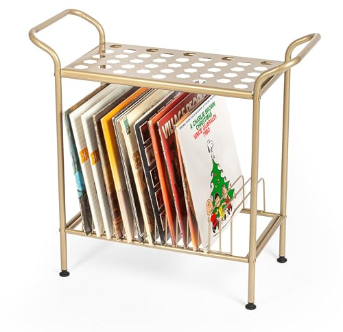 Ilyapa Plattenspielerständer mit Vinyl-Schallplattenaufbewahrung, Gold Metalltisch mit Ablagen für Schallplatten, 2-stöckige Schallplattenaufbewahrung, Schallplattenhalter, Plattenspielertisch,