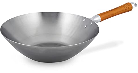 Ken Hom großer Wok 31 cm aus unbeschichtetem Karbonstahl und mit Holzgriff - Wokpfanne ohne Induktion