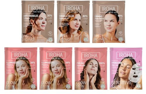 IROHA NATURE - Pack Cuidado Facial Tisú Completo (7 Mascarillas) | Cosmética Coreana para Cada Necesidad | Vitamina C, Colageno, Retinol, HA, Aloe, Glicólico