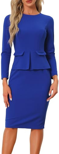 Allegra K Robe crayon moulante à col rond et manches péplum pour femme, bleu marine, L