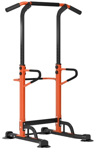 DlandHome Power Tower Groß verstellbar multifunktionale Kraftstation Fitness Krafttraining Dip-Stationen Klimmzugstange Kraftturm für Zuhause mit Klimmzugstange, Liegestützgriffe Höhe Schwarz/ Orange