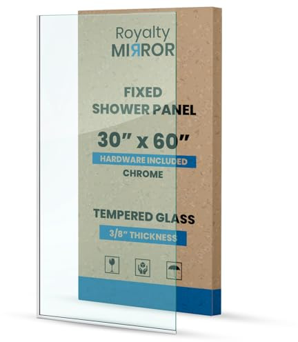 Royalty Fixed Shower Screen - 30 x 60 Frameless 3/8 Clear Tempered Glass Panel with Hardware - Easy Clean Smart Guard Coating - Minimalist Modern Design for Bathroom - Chrome