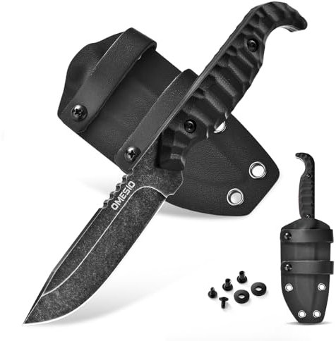Omesio Outdoor Messer Survival M-FT01, D2 Stahl Full Tang mit Kydex Scheide Gürtelmesser, 9 cm Klingenlänge, Feststehendes Messer G10 Griff Schwarz Camping für Angeln Survival Geschenk (Voll Schwarz)