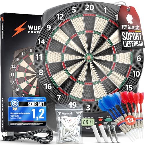 BULL CRAFT Diana electrónica – [el estándar del torneo] – Diana profesional E en alemán – Juego completo incluye dardos electrónicos, diana inalámbrica utilizable – diana blanda