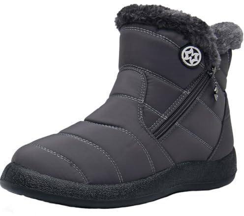 Stivali Donna Stivaletti Invernali Impermeabili Cerniera Stivali da Neve Cotone Caldo Peluche Caviglia Boots Bassi Scarpe Ultraleggero,Grigio 3,38 EU