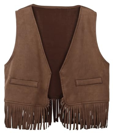 Generisch Chaleco hippie para niños y niñas de los años 80, chaleco con flecos, chaqueta boho superior, chaleco de piel, blusa vaquera, chaqueta vaquera, chaqueta vaquera, carnaval, Oktoberfest