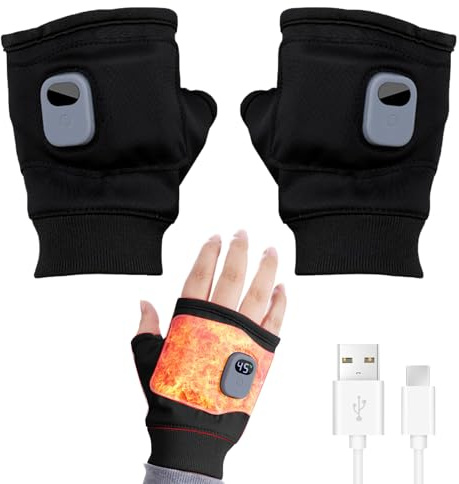 Heated Gloves, Rechargeable Heated Fingerless Gloves, Half Finger Heated Gloves, Adjustable Heating Riding Gloves, Fast Heating, for Winter Indoor Outdoor Work Sports (Black)