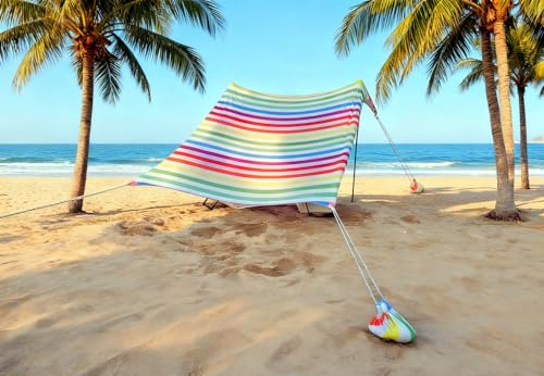 Floving Strand Schatten Zelt Markise Strand Sonnencreme wasserdichte leichte Blockierung und elastische Sonnenschirm Strandmuscheln (Stripes, L)