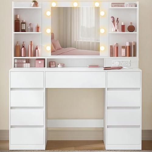 VASAGLE KAILYN Collection - Dressing Table with LED Mirror, Vanity Desk with Power Outlets, 9 Drawers, 9 Dimmable Bulbs, 3 Light Colours, Toolless Slide Rail Assembly, Cloud White RDT141WB03