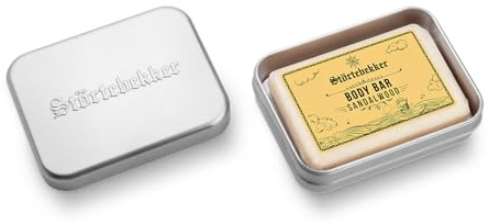 Störtebekker Premium Solido Gel doccia (sandalo) e set di lattine per sapone – Body Bar con burro di karitè – Solido sapone doccia + contenitore per sapone in alluminio in set per la cura della doccia