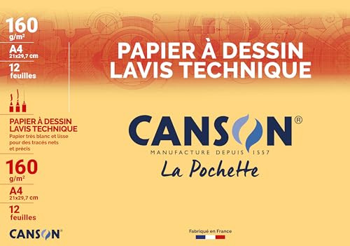 CANSON - Pochette 12 feuilles de papier dessin technique A4 - 160g/m²