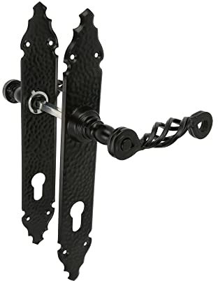 Amig - Juego de Manillas - Placa Martilleada - 280 x 45 mm - Bocallave a 90 mm - Ideal para Aumentar la Privacidad de una Estancia - Placa de Acero y Tirador de Zamak Negro