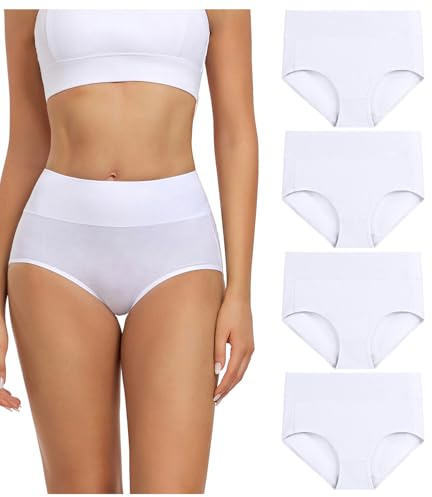 wirarpa Women's Cotton Underwear Panties High Waisted Full Briefs 4 Pack Ladies No Muffin Underpants White Large