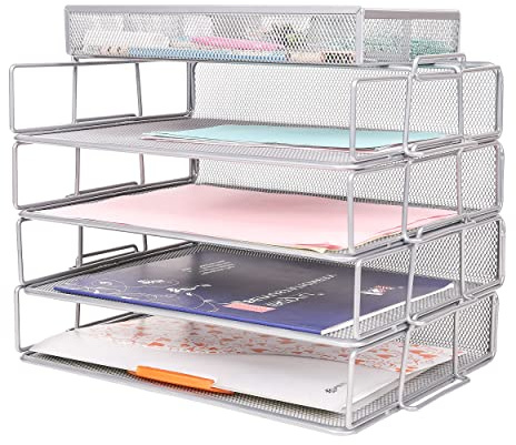 Exerz Stackable Paper Sorters 4pcs with an Accessory Organiser/ 4 Tiers Letter Trays with Extra Divider Memo Holder On Top - Metal Desk Organiser Office, School, Home