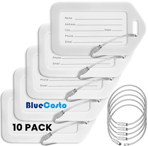 BlueCosto Luggage Tags (Small, White, 10 PK) - Suitcase Tags w/Name ID Card & Heavy-Duty Metal Wire Loops - Bright Coloured PVC Tags for Travel Baggage - Backpack Name Labels