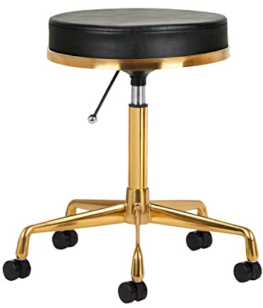 ACTIVESHOP Kosmetikhocker Hocker Schwarz Gold Metall Kunstleder Sitz H4 Höhe 47-60 cm Breite 33 cm Rollhocker Drehhocker Arbeitshocker Kosmetikstuhl Friseurhocker Klassisch Tufted