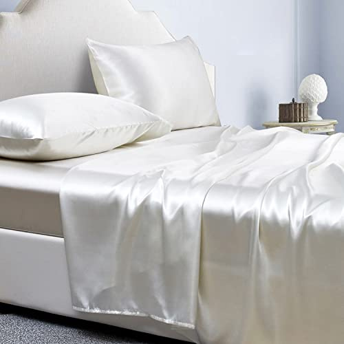 Jemiipee Juego de Sabanas de 4 Piezas Raso Cama 90 Color Sólido 90x190 cm para Colchón de hasta 36 cm de Altura - Sábana Bajera Ajustable, Encimera y 1 Funda de Almohada - Marfil