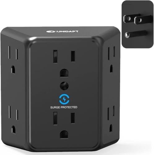 Multi Plug 6 Outlet Extender, Unidapt Black Surge Protector Wall Splitter, 900J Power Strip 3 Side Wide Spaced Adapter Multiple Charger Expander, Mountable Wall Tap for Office Home Travel ETL Listed