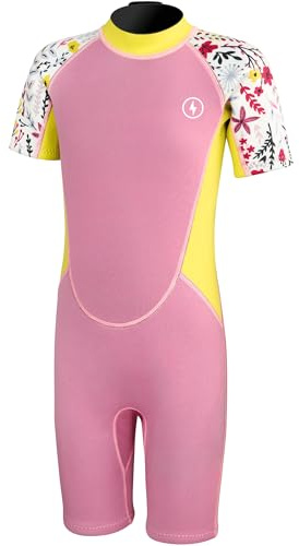Dark Lightning Shorty Wetsuits for Kids Boys and Girls, 2MM Neoprene Thermal Swimsuit, Toddler/Junior/Youth Wet Suits,Pink/Flower, XL