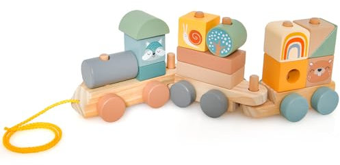 GOPLUS Jouet de Train en Bois, Train de Jeu en 3 Sections avec 13 Blocs Empilables, Motifs d'animaux, Corde de Traction, Connexion à Crochet, Jouet d'Éveil à Tirer pour Enfants de 18+ Mois